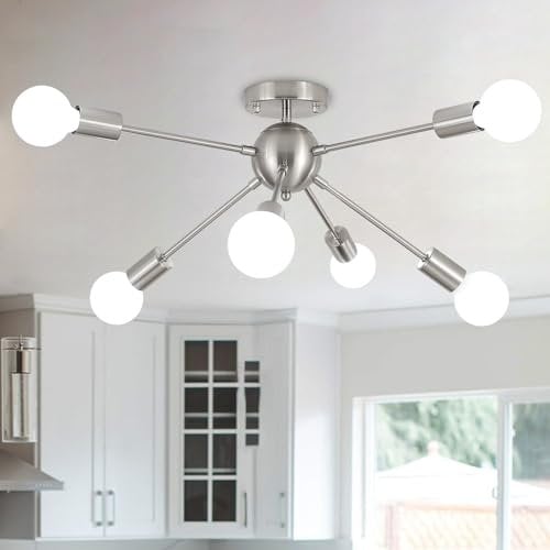 MRHYSWD Sputnik Ceiling Light Silver Modern Light Fittings Ceilings, 6 Lights Vintage Ceiling Lamp Industrial Ceiling Lights Living Room Bedroom Kitchen Hallway Bath, Without E27 Bulbs
