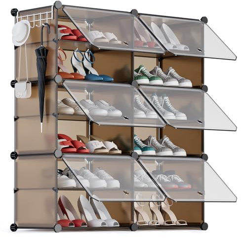 YIHATA Schuhregal für 24 Paar Schuhe Schuhschrank mit 2 x 6 Stufiger, Schmal, Staubdichter Kunststoff Schuhregale für Flur Schlafzimmer Eingang, mit Türen 30 x 40 x 30 cm pro Fach, Braun
