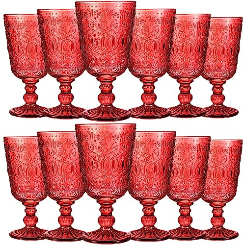 Eaasty Wine Glasses Set of 12 Vintage Goblet 9 oz Vintage Colored Glass Goblet Beverage Stemmed Glass Cups Romantic Embossed Glassware for Wedding Party Holidays Anniversary (Red)
