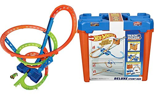 Hot Wheels HJT51 - Action Spirale Autorennbahn mit Crash-Zonen und Batterie-betriebenem Beschleuniger, enthält 1 Spielzeugauto & GGP93 - Track Builder Stunt Box, Spielzeug Autorennbahn
