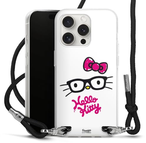 Carry Case kompatibel mit Apple iPhone 15 Pro Hülle mit Band Handykette zum Umhängen schwarz Hello Kitty Kindheit Offizielles Lizenzprodukt