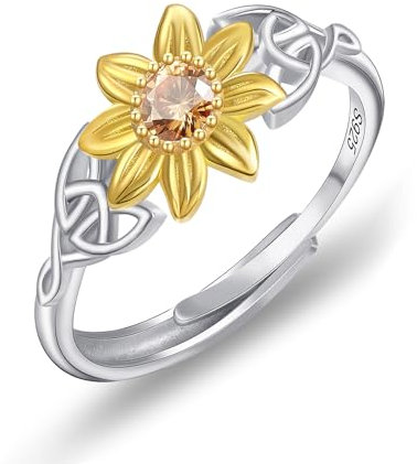 Twoowl Keltischer Sonnenblumen-Ring für Damen, 925er Sterlingsilber, Sonnenblumen-Schmuck, Dasiy-Ringe, keltischer Knoten, Ring Geschenke für Frauen und Mädchen, Nicht-Edelmetall, Zirkonia