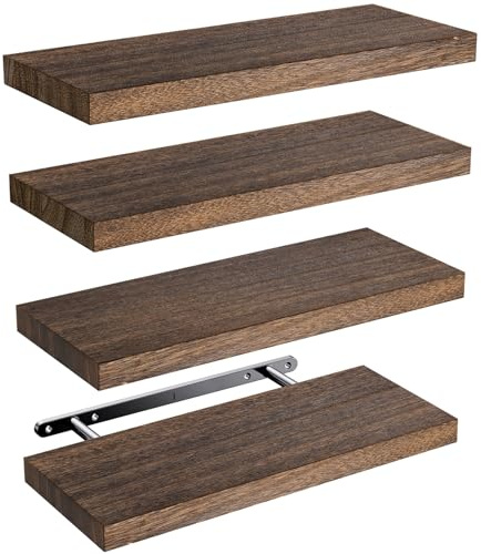 Amada Wandregal Holz Set aus 4, 40 cm Paulownia-Holz Schweberegal, Braun | Regal wand mit massiven verdeckten Metallhalterungen, je Brett bis 10 kg, inklusive Bohrschablone, flexibles 4er-Set