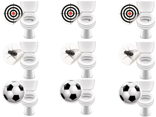 9 Toilettensticker WC-Aufkleber Toilette Kneipe Gastrobedarf Pissoir für Gastronomie Hotel Schule, saubere Toiletten, Aufkleber (je 3 Aufkleber Bullseye, Fußball, Fliege), Durchmesser 20-30mm
