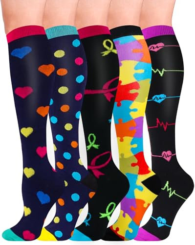 HIPOWER 5 Paar Kompressionsstrümpfe Damen und Herren Bunte Stützstrümpfe Sport Kompressionssocken Stützkniestrümpfe Reisestrümpfe Compression Sock Für Flug Radsport