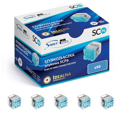 SIMET Verbindungsdosenklemme für Drähte (0,75-4 mm²), 6 - Leiter, Packung mit 50 Stück, transparent/blau, zum Anschluss an Abzweigdosen, Gehäuse und starre Elektroverteiler