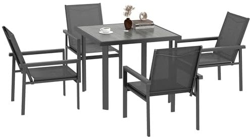 Outsunny Set di mobili da giardino con tavolo e sedie, 5 pezzi, con 1 tavolo da pranzo e 4 sedie, piano in vetro temperato con foro per ombrellone, colore: grigio