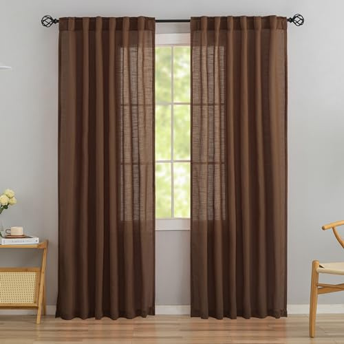 Leinenvorhänge mit Schlaufen, 228 cm lang, 2-teiliges Set für Esszimmer, Cottage, weich, leicht, luftig, halbsichtbar, mit Haken, Tasche, Lichtfilterung, Kakaobraun