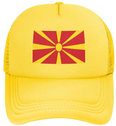 WIVCOMD Mesh-Baseballkappe Für Erwachsene,Gelbe Sonne Nordmazedonien-Flagge,Atmungsaktive Sport-Trucker-Kopfbedeckung Für Den Sommer,Schnell Verstellbare Lange Krempe,Trocknende Hüte,Laufen Im Freien