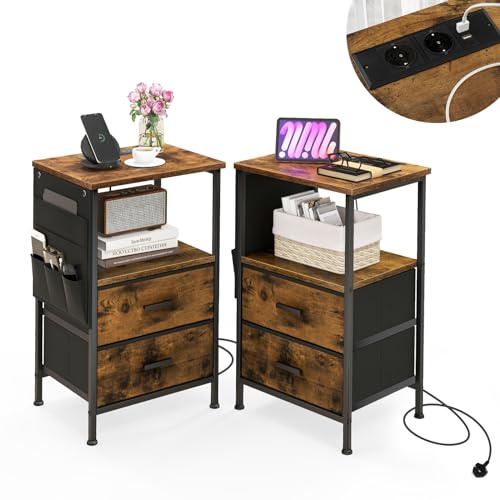 GIANTEX Nachttisch mit Ladestation, Nachtschrank 2er Set mit USB-Anschlüssen & Steckdosen, Beistelltisch Sofatisch Kaffeetisch mit 2 Schubladen & 6 Seitentaschen, Nachtkommode Nachtkonsole 38x30x60 cm
