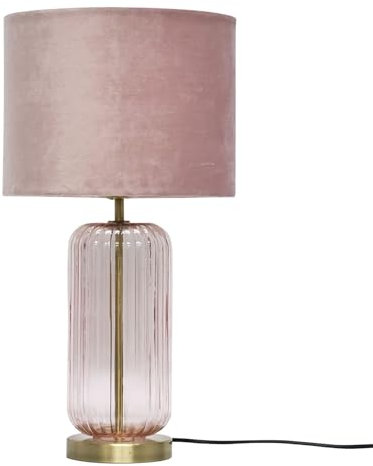 firstchoicelighting Ribbed Glass Brass Table Lamp or Bedside Light, Blush Pink Glass with Pink Velvet Shade, Height 49cm.