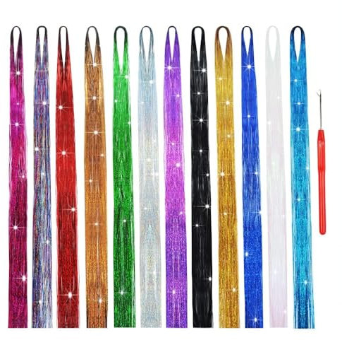 Hair Tinsel Glitter Haarextension Haar Lametta 2400 Strands 119 cm Tinsel Hair Extensions Kit with Zughaken Nadel (12 Colors）
