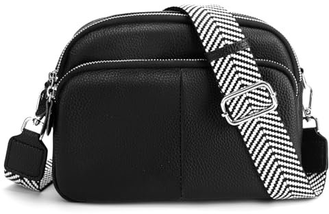 befen Genuine Leather Crossbody Bag for Women Black Shoulder Bag Middle Triple Camera Bag for Women Cell Phone Bag with Wide Adjustable Strap