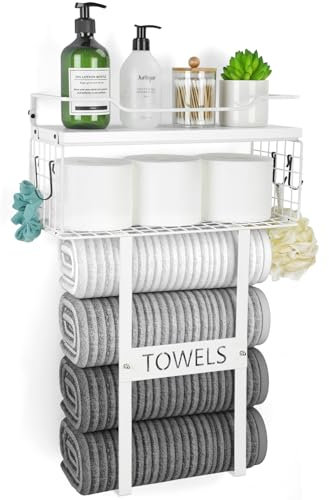 Porte-serviettes mural pour salle de bain – Porte-serviettes mural au-dessus des toilettes, étagère de serviettes enroulée pour petite salle de bain, porte-serviettes verticaux en bois pour décoration