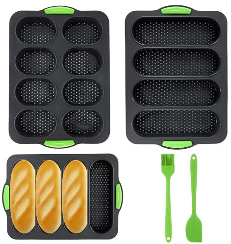 LUCKNIGHT Molde De Silicona Para Baguette, Baguette Bandeja para Hornear, Perforada Francés Pan, Bandeja Baguette, Molde Antiadherente con Cepillo, 4, 8 Cavidades, 34 x 24 x 2.5 cm, 2 Piezas