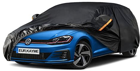 Kayme Hatchback Car Cover Waterproof Breathable, Outdoor Full Cover Rain Sun Dust All Weather Protection with Zip and Cotton Lined, (415 To 450cm) 2L Black