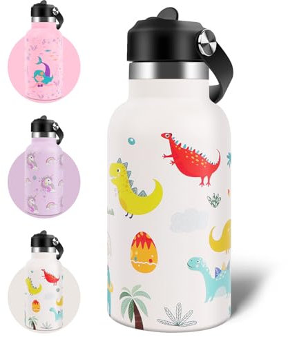 AMFUN Kids Stainless Steel Water Bottle, 350ml Kids Insulated Water Bottle, Upgraded Leak Proof Lid with Straw & Handle for Boys Girls Toddler Hot Cold Drinks (Dinosaur)