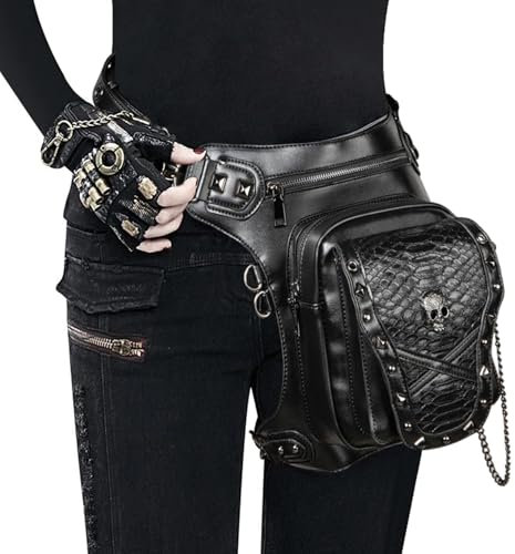 Steam Punk Taillenbeutel, gotische PU -Leder -Fanny -Packung, schwarze Crossbody Schulter Handtasche Messenger -Taschen Motorrad -Drop -Beinbeutel Kettenbeutel für Reise -Wandersport -Cosplay, Dampf