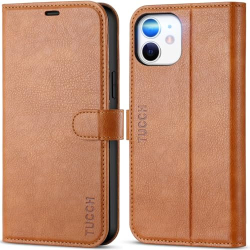TUCCH PU Leather Case for iPhone 12 Pro/iPhone 12 (6.1), Magnetic Wallet Folding Flip Stand Cover with[RFID Blocking][Card Holders][Shockproof TPU] Compatible with iPhone 12 Pro/12, Textured Brown