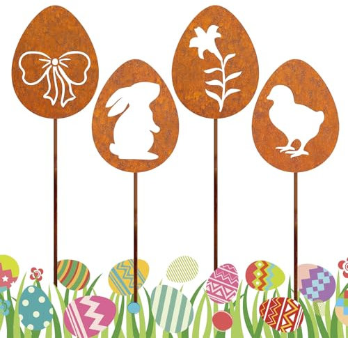 RCYHCY 4 Stück Osterhase Deko Gartenstecker, Ostern Rost Blumenpott deko für Draußen, Rost Metall Osterdeko Hasen Roststecker, für Garten Deko Outdoor Wetterfest Frühlingsdeko