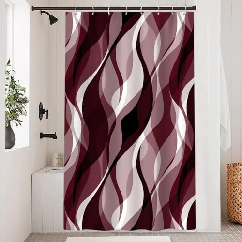 Uiiooazy Rideau Douche Rouge Bordeaux, Rideau de Douche Anti Moisissure Abstrait Rayures Noir Rayé Rideaux de Baignoire Tissu Imperméable Lavable Rideaux Salle de Bain avec 8 Crochets 120x180cm