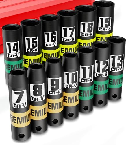 Aurlloct 13 Piezas Juego de Llaves de Vaso de Impacto 3/8, 7-19 mm Vasos de Impacto Largo, Ferramentas Auto para Reparación de Coches Cambio de Neumáticos