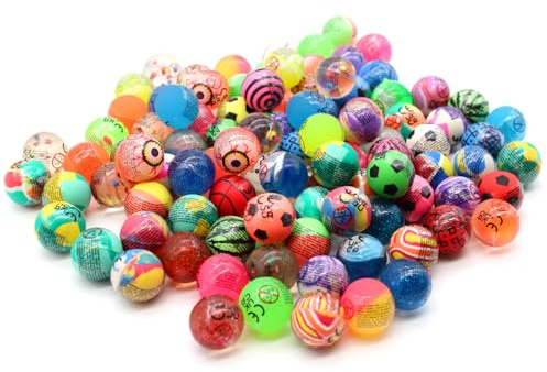 Senvianda 100 Stück Flummis 27mm, Verschiedene Motive, Mix, Flummies für Kinder, Gummiball Flummi, Bunte Flummis Gummibälle, Flummibälle für Kindergeburtstag, Party