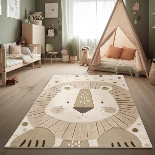 Paco Home Kinderteppich Moderner Spielteppich Kinderzimmer 3D-Effekt Naturtöne weicher Flor robust & pflegeleicht Schlingenstruktur Löwen-Motiv Beige Creme Charcoal, Grösse:120x160 cm
