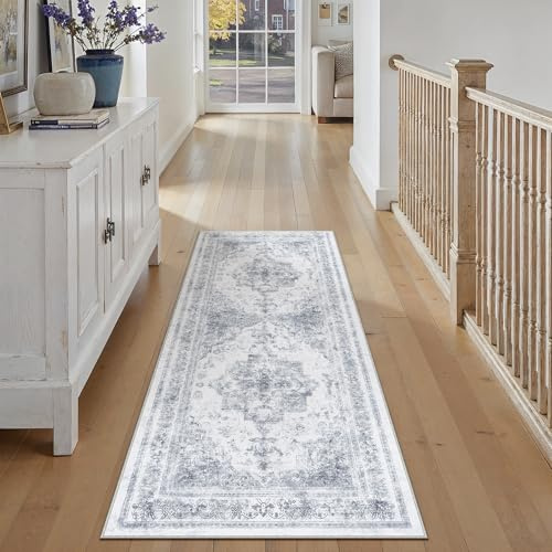 HUGEAR Blau Vintage Teppich Läufer Flur 60x180cm Waschbar | Waschbarer Teppich, Rutschfest Weich, Kurzflor Retro, für Vorzimmer, Schlafzimmer Küche, Brücken Hallway, Carpet