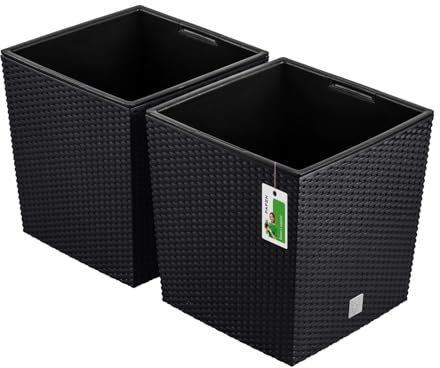 PAFEN 2X Blumentopf Blumenkübel Rattan-Optik 64 Liter - 39 x 41,5cm - Pflanzkübel mit Einsatz, Übertopf für Garten, Balkon & Innenbereich, wetterfest, Kunststoff, Anthrazit