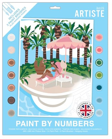 Artiste Large Paint by Numbers, Poolside, Summer Craft, 395x295mm Board 14 Acrylic Colour Paint 3 Size Brush Set, Adults Craft, Hobbies Craft, Number Coded Design, Personalised Art