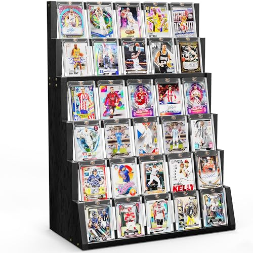 Emfogoo Display per Carte da Collezione, Supporto in Legno a 6 Livelli per Carte da Collezione, Supporto per Carte da Baseball con Porta Carte e Scompartimenti Regolabili per la Raccolta e