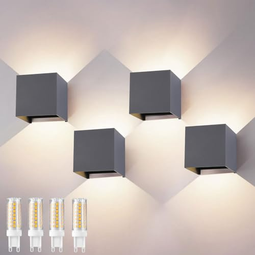 wisdom line G9 LED Wandleuchte Innen & Außen IP65 4000K 4er-Pack,Dunkelgrau | Up & Down Wandlampe aus Aluminium, 9W, einstellbarer Abstrahlwinkel, wetterfeste Außenleuchte für Fassade, Flur & Garten.