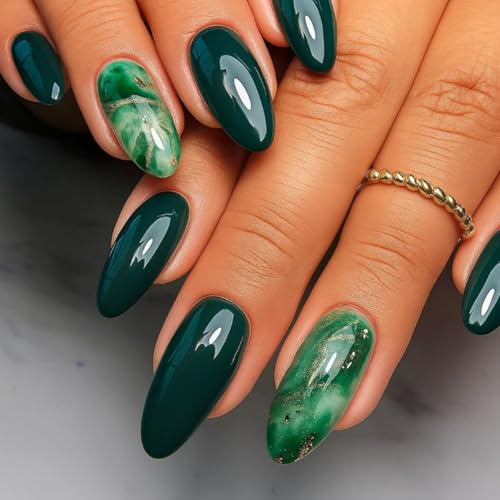 24PCS Green Marble Press on Nails - Long Oval False Nails with Gold Foil Design - Elegant Stick on for Women, Nice for Parties Bridal, for Women Girls DIY Manicure at Home