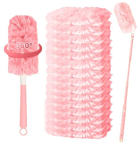 Flash Duster Dust Magnet Starter Kit Dust Magnet Refills 15 Pcs Compatible with 1 Handle 360 Degree Heavy Duty Dusting Kit with 4X Microfibers for Cleaning Blinds Furniture (pink B)