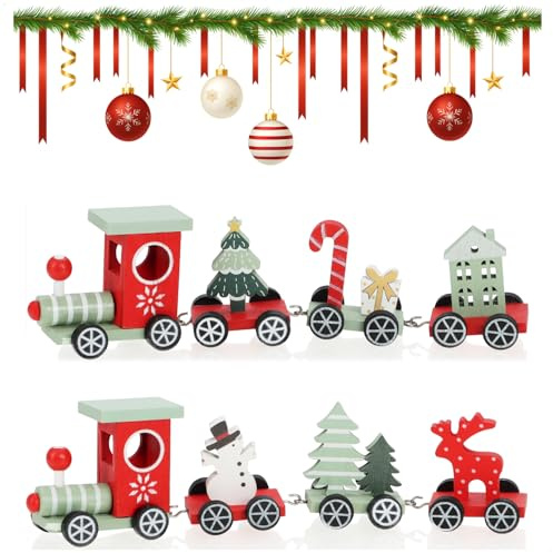 com-four® 2X Deko Weihnachtszug aus Holz mit je 3 Anhängern | Tischdekoration im klassischen Weihnachtsdesign - Holz-Züge für winterliche Akzente [Auswahl variiert]