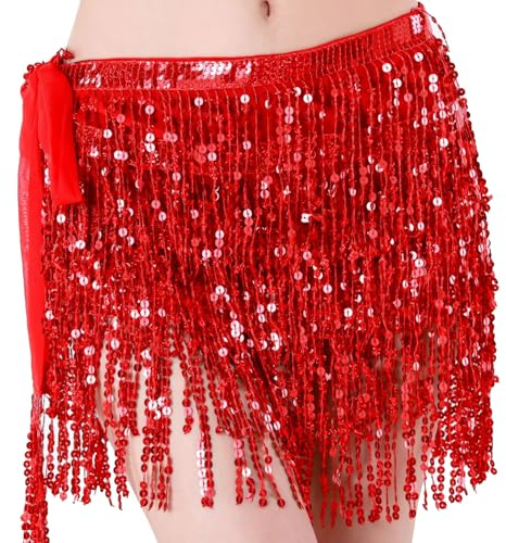Damen Pailletten Quaste Rock, Pailletten Quasten Rock für Bauchtanz,Fransen Festival Glitzerrock für Damen Mädchen Karneval Fasching Party (Rot)