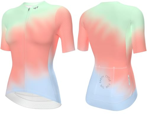 Wulibike Damen Fahrradtrikot Kurzarm–Leichtes Atmungsaktives Rennradtrikot mit Farbverlauf Design,Schnelltrocknend,3 Rückentaschen Radtrikot für Rennrad,MTB & Freizeit