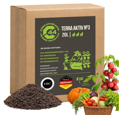 Terra Aktiv No.3 pflanzenkohle Bodenaktivator 20L - Organischer Dünger | Biochar Bodenaktivator mit 20% Pflanzenkohle, Humus, Rinderdung und Brennnesseltee zur intensiven Regeneration der Erde.