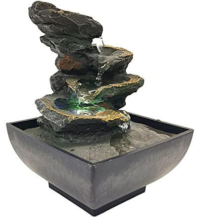 Wswqop Fuente de Mesa Decorativa Fuente Cascada Interior con Bomba Estilo Roca Ornamental de Resina con Luz Led Adecuada para Decoración del Hogar