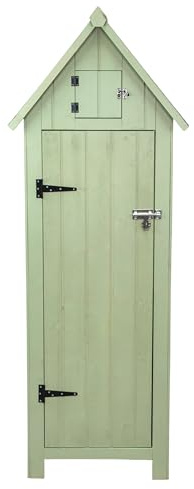 Gartenschrank aus Holz [Grün], Wasserfest, Abschließbare Türen, 3 Regale 4 Haken, Dachluke, Bodenbefestigungskit, Schraubenabdeckungen, Asphaltdach [INKL. Vorhängeschloss & 4 Schlüssel]