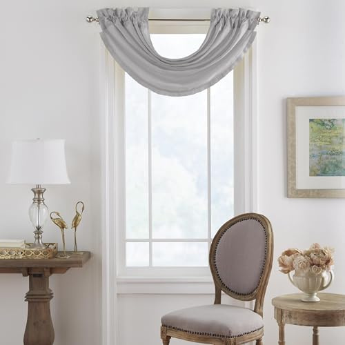 Elrene Home Fashions Versailles Faux Silk Room Darkening Rod Pocket Window Curtain Pleated Solid Waterfall Valance, 52 in x 36 in (1, Gray