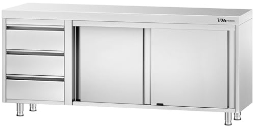 VM Europa - Edelstahl Arbeitsschrank - 100 x 60 cm - AISI 430 Legierung - Mit Schiebetüren - Schubladenblock Links - Küchenmöbel Gastro Schrank Edelstahlschrank Grillschrank