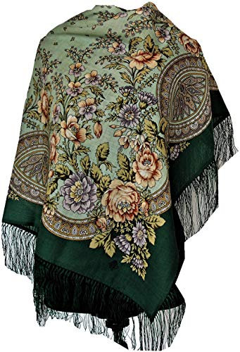 Schöner authentischer russischer Pavlovo Posad Schal Vintage Folk 100% Wolle mit Seidenfransen, Größe 89 cm x 89 cm, grün