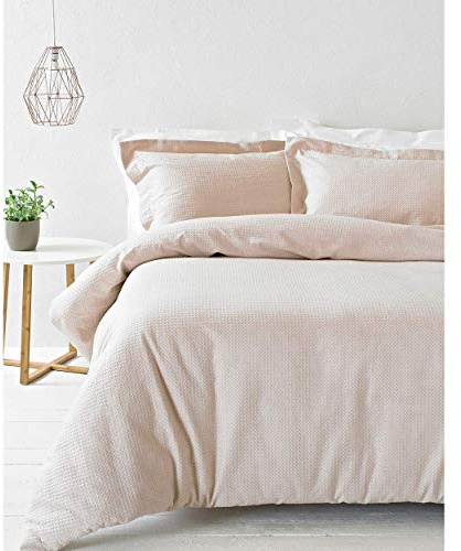 Riva Home Paoletti Super King Duvet Cover Set Blush Pink Waffle Weave Texture 2 x Oxford Border Pillowcases Included 100% Cotton Machine Washable 260 x 220cm (102 x 87 inches) | 100% cotton waffle weave with a soft textured finish