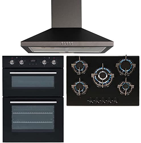 SIA Double Built In Electric Fan Oven, 5 Burner Gas On Glass Hob & Chimney Hood