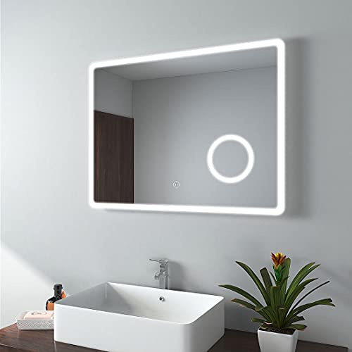 EMKE Badspiegel mit Beleuchtung 80x60cm Badezimmerspiegel mit 3X Kosmetikspiegel+Antibeschlag+3 Lichtfarbe+Touch IP44 energiesparend wandspiegel 3000K/4000K/6500K