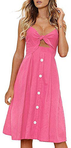 FANCYINN Robe Femmes sans Manches Boutonnee Floral Imprime Spaghetti Strap Button Down Robe Midi Rose XS