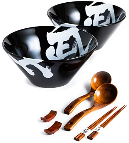 BICETTO Ceramic Japanese Ramen Bowl Set, 1500ml Large Ramen Bowls with Chopsticks, Spoons and Chopstick Rests – Bowl for Ramen, Pho, Salad, Poke, Soup, Udon – Minimalist Design, Premium Quality, Black