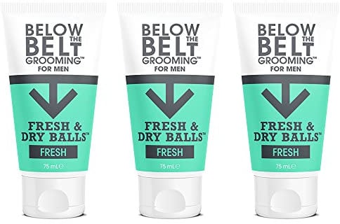Below The Belt Grooming Fresh & Dry Ball, Intimate Deodorant und Anti-Chafing-Creme für Männer, schützt vor Schweiß, Geruch und Reibung, frischer Duft, 3 x 75 ml